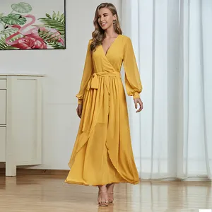Weixin Women Clothing Fashion Yellow Dresses Women Lady Elegant Knotted Belt Ruched Detail Casual Maxi Dress