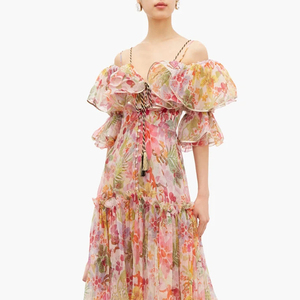 Été Nouveau Style femmes Robe Mode Licou Plissée À Volants à Imprimé Floral En soie Organza Robe - Product Image 3