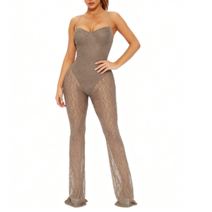 Women's Sexy Lace Strapless Halter Backless Semi-Sheer <b>Mesh</b> <b>Jumpsuit</b> Fashion - Product Image 4