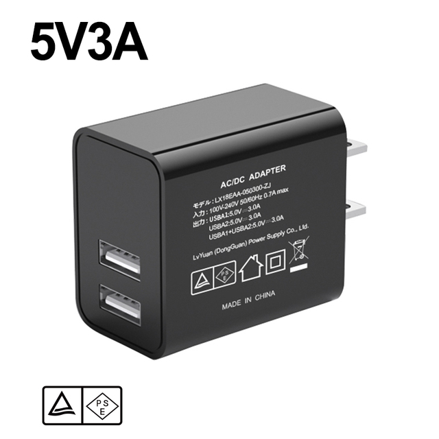 Shenzhen Lvxiangyuan 15.5W 5V 3.1A Dual USB Wall Charger PSE Certified Japan JP Plug DC Power Supply Adapter OTP for LED Lights