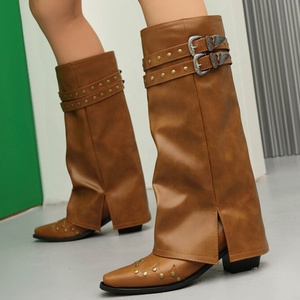 Big Size 48 Women Belt Buckles Winter Knee High Boots Cowboy Overlay Long <b>Booties</b> Western Style Chunky Heels Pointed Toe Pants - Product Image 2