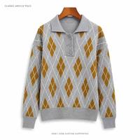 Pull en maille de haute qualité pour femme, col polo, motif losanges gris moutarde, fabrication OEM ODM