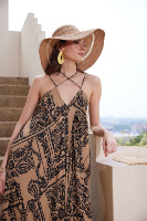Robe longue en lin imprimé personnalisée, élégante, col halter, style bohème, pour la plage, les vacances d'été, les fêtes - Vente en gros - Vestidos Ropa Mujer