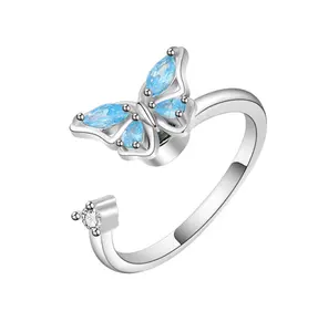 Anillo de Plata de Ley 925 con diamantes de imitación para mujer, anillo ajustable con apertura rotativa de mariposa, color azul