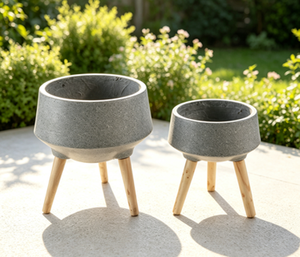 Modern Ceramic Flower Pots With <b>Wooden</b> Legs Marble Pattern Outdoor <b>Garden</b> <b>Planters</b> Minimalist Design Glazed Finish - Product Image 4