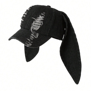 时尚Y2K长兔耳帽可调Kpop套装仿旧撕裂牛仔兔耳棒球帽 - Product Image 1