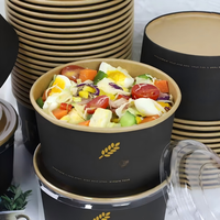 Bol à salade jetable rond en papier kraft noir imprimé avec couvercle, en film CPET, compatible micro-ondes, 1100 ml, vente en gros