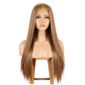 13x6蕾丝前棕色假发，深层22长直合成假发，女性用天然发际线和婴儿头发预先拔毛