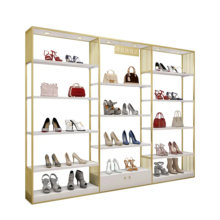 Mall Furniture Bag Shelves Multi-layer Metal Cosmetic Display Cabinet Showcase Stand Gold Stainless Steel Shoe Rack for Shop