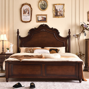 Lit en bois massif de style rétro américain, 1,8 m, avec rangement, chambre principale, lit double, style princesse française - Product Image 2