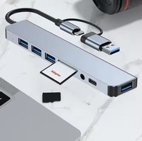Hub USB Type C 8-in-2 3.0 Docking Station 5GBPS Port Kecepatan Tinggi Splitter Pembaca Kartu SD/TF Adaptor Audio 3.5mm Aluminium