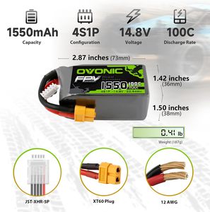 Batteria Lipo OVONIC 4S 100C 1000/1300/1550mAh 14.8V con Connettore XT60 per Droni da Corsa FPV RC <span class=keywords><strong>Quadricottero</strong></span> - Product Image 2