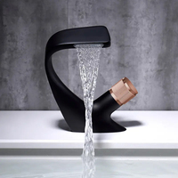 Robinet de lavabo de salle de bain de luxe moderne à cascade thermostatique monotrou noir avec cartouche céramique en laiton pour eau chaude et froide