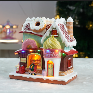 Casas <span class=keywords><strong>de</strong></span> pueblo navideñas musicales <span class=keywords><strong>de</strong></span> resina coloridas para interiores y casa <span class=keywords><strong>de</strong></span> dulces con función <span class=keywords><strong>de</strong></span> donuts giratorios - Product Image 5