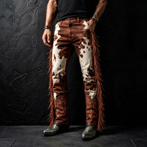 <b>Men's</b> Brown <b>White</b> Cowhide Print Western <b>Pants</b> With Tassels Mid Waist Button Fly Vintage Style Heavyweight Fabric - Product Image 1