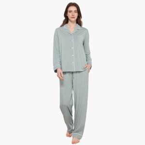 Pijamas de Algodón Modal Color Menta Personalizados al por Mayor, Ropa de Dormir de Manga Larga para Invierno, con Ribete, Conjuntos de Pijamas de Bambú - Product Image 1