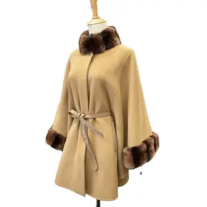 2023 High Quality Custom GCS Autumn <strong>Winter</strong> Ladies Wool Cashmere <strong>Cape</strong> <strong>Coat</strong> With Fur for Women - Product Image 1