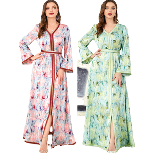 Women Floral <b>Long</b> Sleeve V Neck Floor Length Abaya Modest <b>Dress</b> With Slit Polyester Daily Wear Middle East Style - Product Image 1