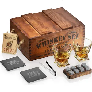 Fabriek Verkopen Granieten Whisky Infusie Kit Rotsen Koelstenen 10Oz Met Glas Set Rustieke Houten Krat Whisky Set Cadeau Voor Mannen