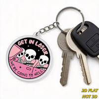Porte-clés Pink Ride, design humoristique 'Get in Loser' avec 3 squelettes dans la voiture, accessoire gothique original pour clés ou sacs à dos