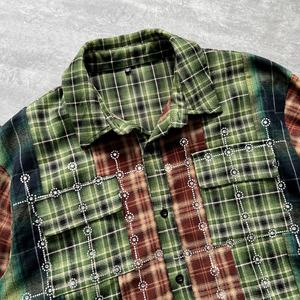 High Quality Lapel Rhinestone <b>Oversized</b> T-<b>shirt</b> Acid Wash Checkered Long Sleeve T <b>Shirt</b> Custom 100% Cotton <b>Flannel</b> <b>Shirt</b> For Men - Product Image 2