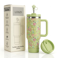 Gobelet floral à double paroi sous vide de 40 oz avec poignée, paille réutilisable et bouchon floral, coffret cadeau – Vente chaude