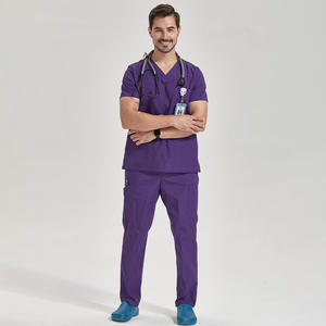 ชุดสครับแพทย์ผ่าตัดสีม่วง 10 กระเป๋า สำหรับผู้ชาย ผ้าโพลีเอสเตอร์ผสมคอตตอน คอวี มีเชือกผูก ชุดยูนิฟอร์มสครับแบบคาร์โก้ - Product Image 2