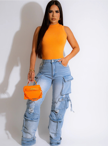 Pantaloni Cargo da Donna a Vita Alta, Gamba Larga, 6 Tasche, Stile Y2K Streetwear, Denim Lavato all'Acido, Pronti per la Spedizione - Product Image 2