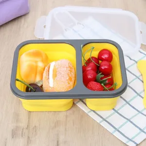 Recipientes de alimentos dobráveis com 2 compartimentos, sem bpa, arruela de silicone, caixa de almoço, microondas, recipientes de alimentos seguros, com tampas
