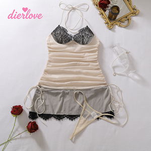 Dierlove Custom Logo Groothandel Neutrale Gerimpelde Mesh Chemise Zwarte Kant Beugelbeha's Trekkoord Verstelbare Dames Lingerie Jurk - Product Image 4