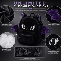 Sac à dos en peluche personnalisé noir motif chauve-souris et chat, sac à dos doux pour enfants et adultes, cadeau OEM ODM