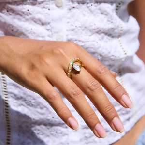 MW 18K Gold-Plated Zircon Classic Trendy Horse Eye Zircon Round Zircon Double Layer <strong>Ring</strong> Stainless Steel <strong>Rings</strong> <strong>Adjustable</strong> - Product Image 2