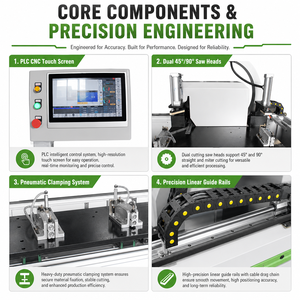Sierra de doble cabezal inclinada recta CNC de alta precisión JUNDE para perfiles de PVC y aluminio, corte a 45/90 grados, 10.6KW, 700kg - Product Image 2