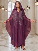 Robe Abaya Grise Brodée de Perles Florales, Modeste et Respirante en Polyester, Style Borkha Égyptien, Anti-Statique, Ensemble 2 Pièces pour Femme - Meilleures Ventes