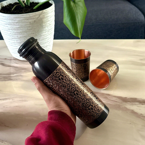 Vintage Copper Water <b>Bottle</b> With Lid and Matching Cups Portable Travel Drinkware engraved pattern - Product Image 1