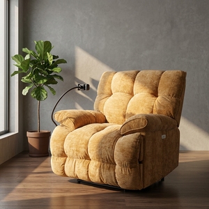Fauteuil à bascule moderne en chenille jaune, surdimensionné, extensible, avec port de charge USB, massage électrique doux, pour adultes, en tissu et métal, écologique - Product Image 1