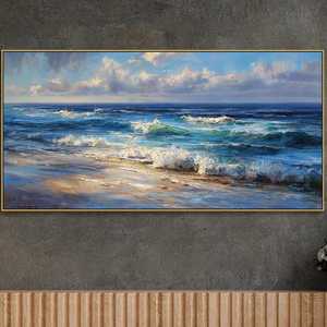 Art mural océanique, paysage marin bleu et or au lever du soleil, peinture à l'huile peinte à la main sur toile pour la décoration moderne du salon - Product Image 3