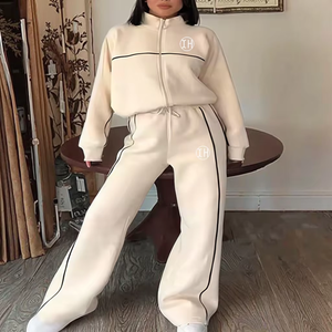 Custom <span class=keywords><strong>Ladies</strong></span> <span class=keywords><strong>Casual</strong></span> Striped Trainings anzug 2 Stück Langarm Full Zip Top Kordel zug Breite Straight Pants <span class=keywords><strong>Outfits</strong></span> - Product Image 5
