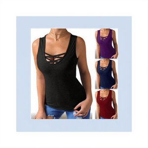Women's Casual Summer Sleeveless Vest T-Shirt <b>Cross</b> Tie Strapless Tight and Sexy Base <b>Top</b> - Product Image 3