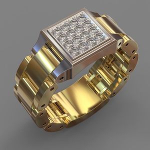 Anello creativo a forma di cinturino per orologio da uomo, design scintillante con intarsi, gioielli alla moda hip hop - Product Image 1