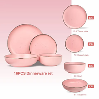 Großhandel Günstiger Preis Lagerbestand Neues Design Hotel 16-teiliges Goldrand Umweltfreundliches Mikrowellengeeignetes Geschäftsgeschenk Rosa Steinzeug-Sets