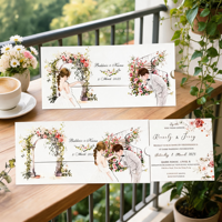 Cartes d'invitation de mariage coulissantes de luxe personnalisables pour la mariée et le marié, impression numérique, motif dessin animé, pochette coulissante imprimée