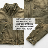 Veste coupe-vent homme en coton délavé style streetwear premium, avec patchwork sur le devant, broderie 3D et fermeture éclair effet vieilli