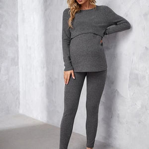 Top <span class=keywords><strong>y</strong></span> leggings de punto acanalado para el cuidado de las mujeres, conjunto informal cómodo de maternidad - Product Image 3