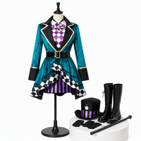 Costume de Chapeur Fou pour Femme, Manteau en Velours Teal, Gilet à Carreaux Style Alice au Pays des Merveilles, Nœud Papillon, Jupe Rayée, Ensemble Chapeau Haut-de-forme