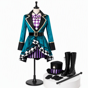 Costume de Chapeur Fou pour <span class=keywords><strong>Femme</strong></span>, Manteau en Velours Teal, Gilet à Carreaux Style Alice au Pays des Merveilles, Nœud Papillon, Jupe Rayée, Ensemble Chapeau Haut-de-forme - Product Image 1
