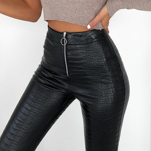 Logo personnalisé taille haute fermeture éclair femmes <span class=keywords><strong>pantalons</strong></span> serrés noir PU <span class=keywords><strong>cuir</strong></span> de crocodile pantalon slim pour femmes <span class=keywords><strong>pantalons</strong></span> Streetwear - Product Image 2