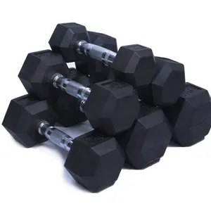 Produsen Gym berat heksagonal hitam 2.5-50 kg pound logo disesuaikan karet Hex Dumbbell