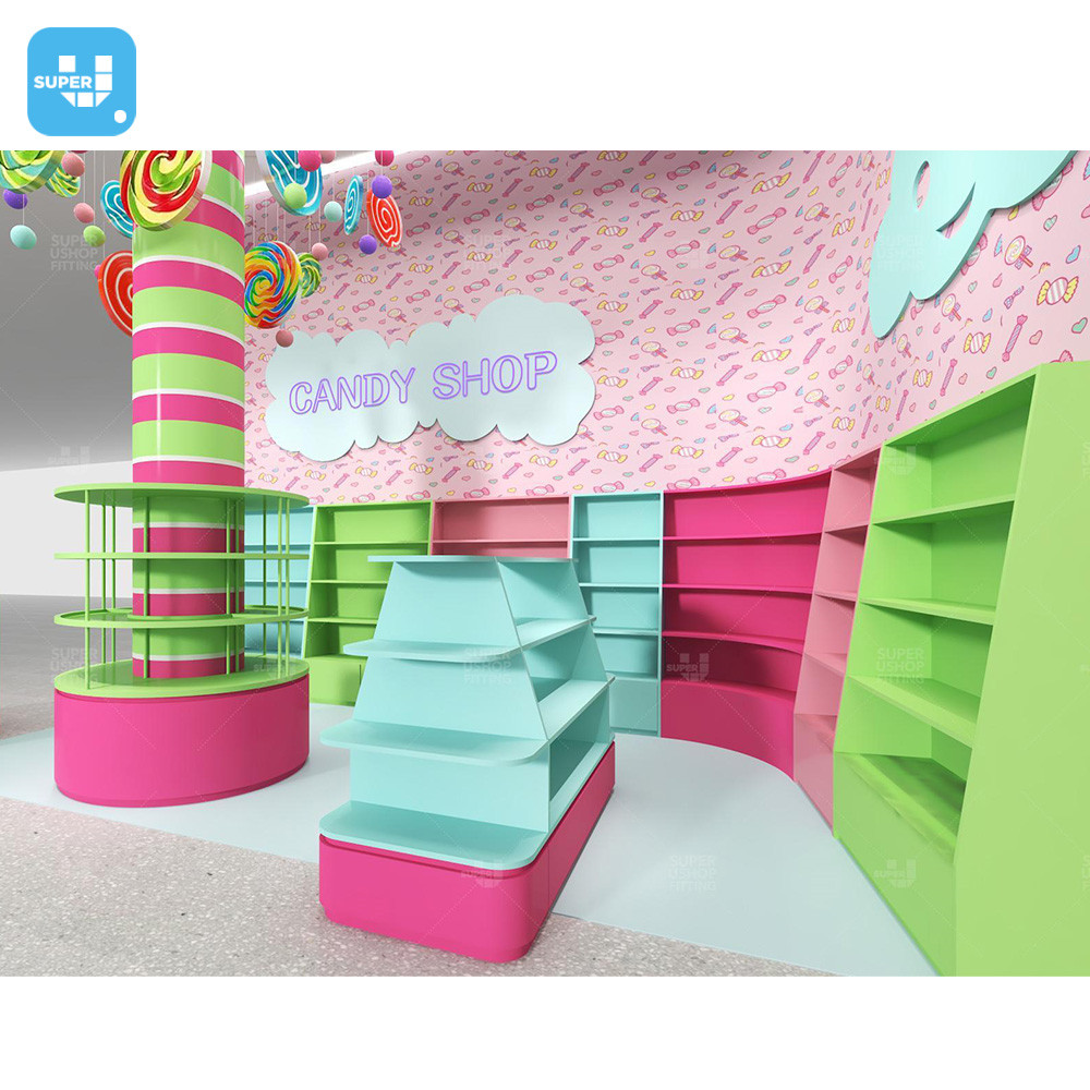 Пользовательский Красочный леденец, круглая витрина, полка, украшение на заказ, киоск для торгового центра, деревянное приспособление для конфет, киоск для конфет, дизайн