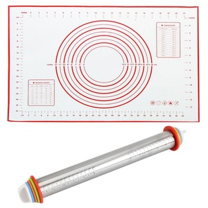 Silicone <b>Mat</b> Baking <b>Mat</b> Kitchen Tools Set Stainless Steel Adjustable <b>Rolling</b> Pin Dough Roller with Silicone Removable Rings - Product Image 1